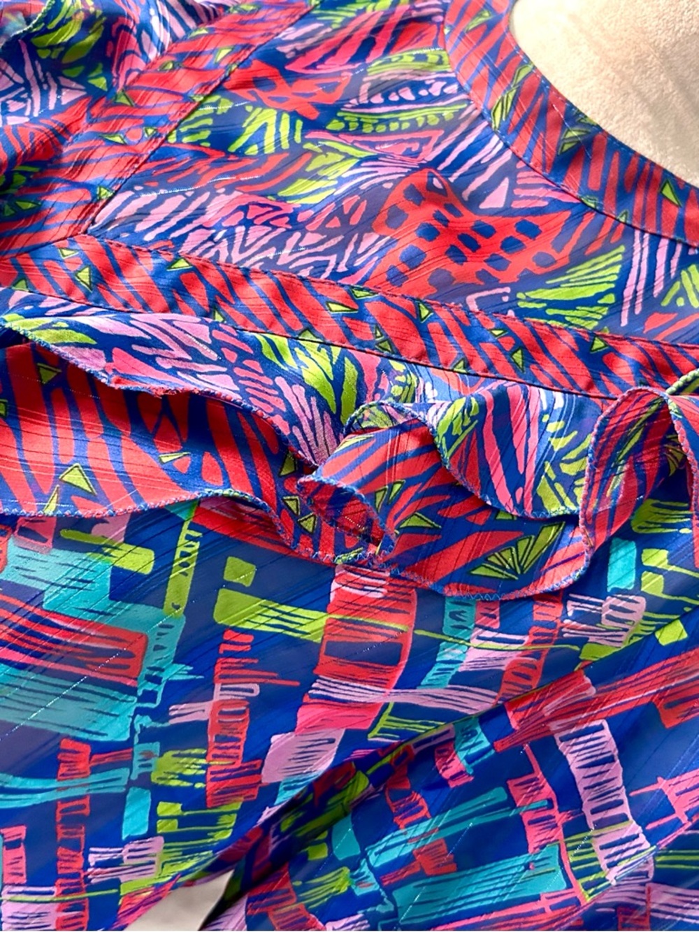 Vintage 80s Diane Freis Bold Multicolor Abstract Ruffle Drawstring Top, Size L - Picture 4 of 17